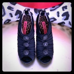 Betsey Johnson satin and suede pumps with crystals